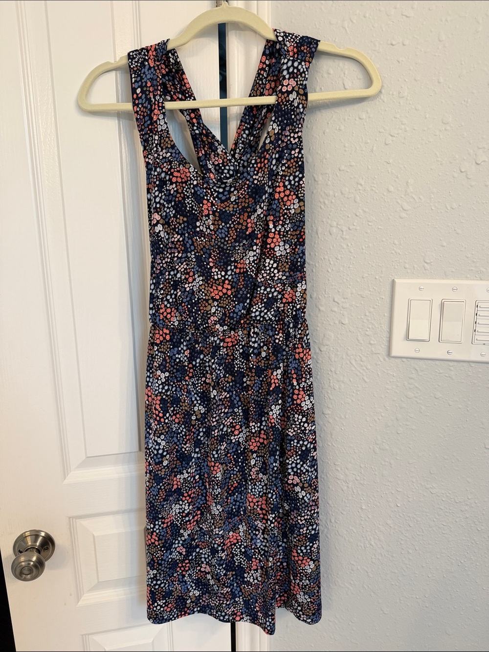 Kaileigh Navy Dress with Coral and White Dot Floral Print